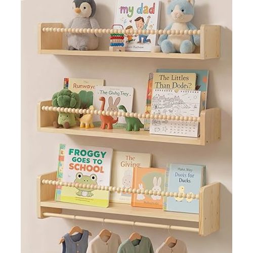 Nursery Book Shelves for Wall 24inch Set of 3, Natural Wood Bookshelf Wall Decor, Floating Shelf Organizer for Kids Room, Bedroom, Kitchen Spice Rack
