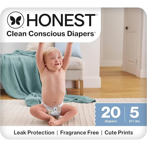 The Honest Company Comfort Dry Disposable Diapers for Sensitive Skin, Hypoallergenic, Fragrance-Free, It's a Pawty, Polybag Size 5 (27 lbs), 20 Count