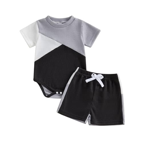 Amiblvowa Newborn 0 3 6 9 12 Months Baby Boy Summer Clothes Letter Print Romper Short Sets Waffle Knit 2 Piece Infant Outfits