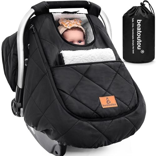 Winter Baby Car Seat Cover, Beatoutou Waterproof Winter Infant Carseat Canopy for Boys Girls, Cold Weather Warm Car Seat Covers for Babies, Keeps Babies Warm and Cozy (Black)