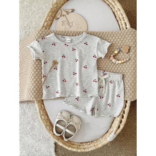 Baby Girl Sweet Cherry Print Short Sleeve Set, Loose Fit Casual Outfit For Spring/Summer | SHEIN USA