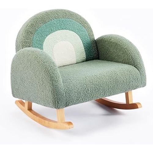 JOYMOR Kids Chair, Teddy Fleece Toddler Rocking Chair with Solid Wood Legs, Anti-Tip Design, Kids Sofa for Nursery, Playroom, Green
