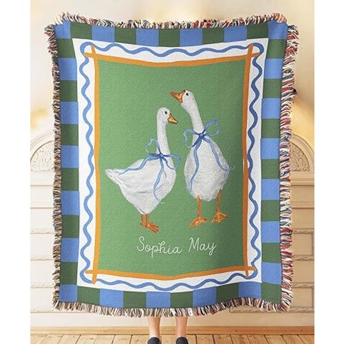 WESTBROOK DESIGN STUDIO Cute Goose Woven Throw Blanket. 50x60 100% Cotton. Can Be Customized. Blue & Green Pastel Farmhouse Animal Decor, Kids Bedding