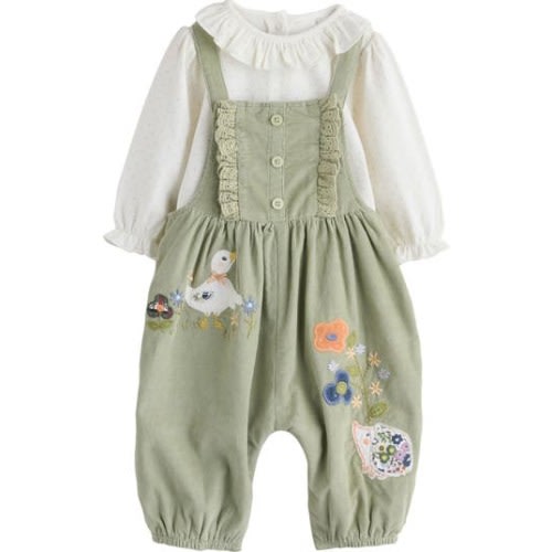 Ruffle Collar Bodysuit & Appliqué Corduroy Overalls Set, 12-18M