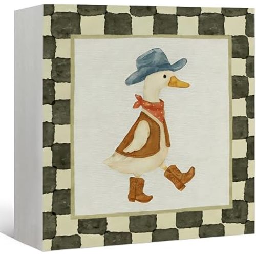 Western Nursery Decor Cowboy Goose Wood Block Signs, Goose Nursery Decor,Western Goose Animal Decor for Kids Toddler Baby Boys Room Bedroom Playroom Desk Shelf table decor