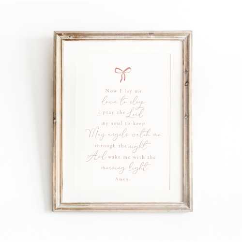 Now I lay me down to sleep, girls pink bow print, Nursery bible verse wall art, girls nursery wall art, prayer before going to sleep