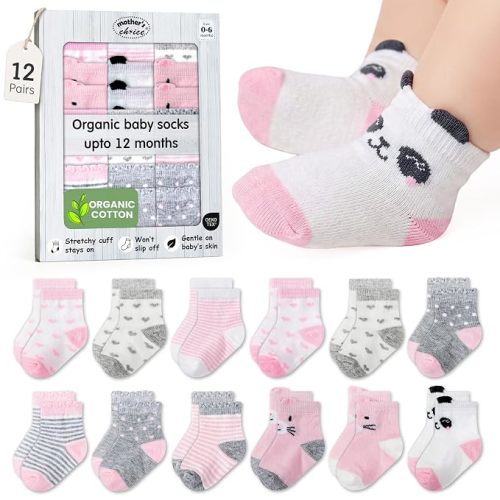 Mother's Choice Baby Socks 0-6 Months 12 Pairs Organic Cotton Blend Infant Socks Stay-On for Crawling & First Steps OEKO-TEX Certified Baby Gift