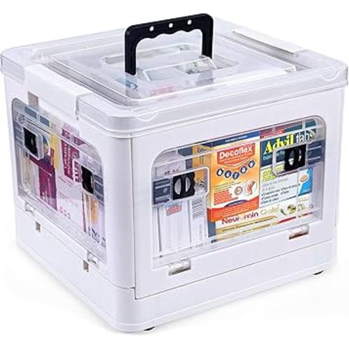 18QT Medicine Storage Box with Handles, Large Capacity First Aid Box, Clear Medical Supply Organizer with Removable Tray, Multipurpose Plastic Medicine Chest with Wheels