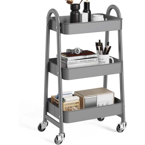 CONCETTA 3-Tier Utility Rolling Cart, Metal Mobile Storage Rack with Lockable Castors for Office, School, Bathroom, Gray