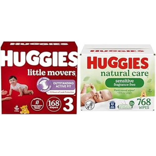 Little Movers Bundle: Huggies Little Movers Baby Diapers, Size 3 (16-28 lbs), 168 Count & Huggies Natural Care Sensitive Baby Wipes, 768 Count (12 Packs of 64)