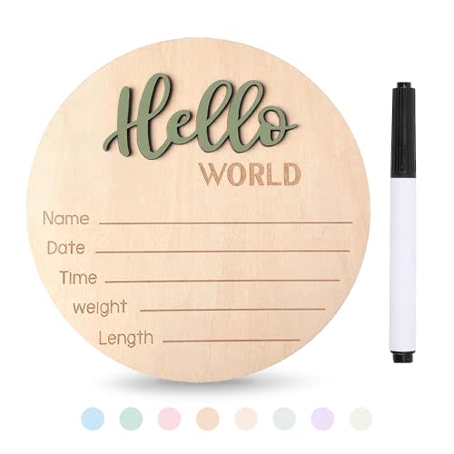 Baby Announcement Sign with Pen, 5.9 Inch Wooden Hello World Newborn Sign for Hospital, 3D Birth Announcement Board, Welcome Baby Name Signs for Nursery, Newborn Gift for Boy & Girl,Green