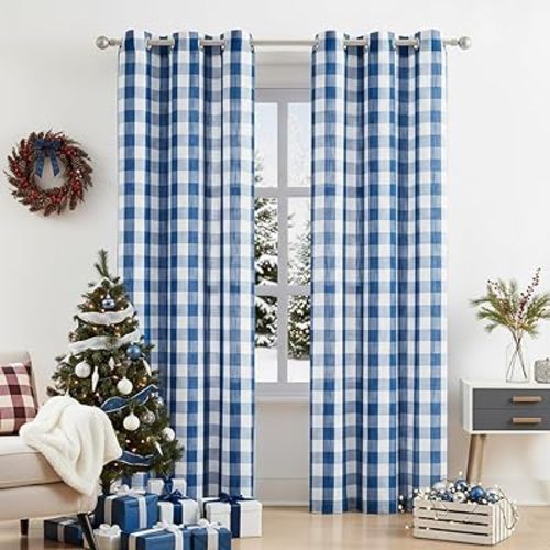 Jubilantex Buffalo Check Semi Curtain Panels Blue White Gingham Curtains Farmhouse Grommet Window Drapes for Living Room Bedroom 40"x84",2 Panels