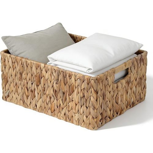 Jumbo Large Plastic Wicker Basket, Waterproof Rattan-Look Storage Basket with Handles, Extra Large Rectangular Woven Basket for Bathroom, Shelves, Closet & Laundry, 16.93"D x 12.99"W