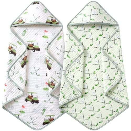 Gilprop 2 Pack Golf Baby Hooded Towels for Newborn 100% Muslin Cotton | Golf Themed Neutral Baby Bath Towel with Hood for Babies Infant Toddler and Kids, 32x32inch, Soft and Absorbent Kids Gift