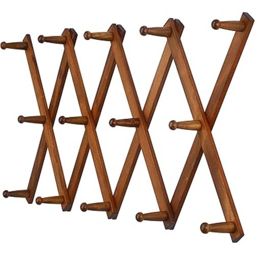 Dseap Accordian Wall Hanger: 16” High Wooden Wall Expandable Coat Rack, Hat Rack Holder, Accordion Hook for Baseball Caps, Coats, Mugs, 14 Peg Hooks, Brown