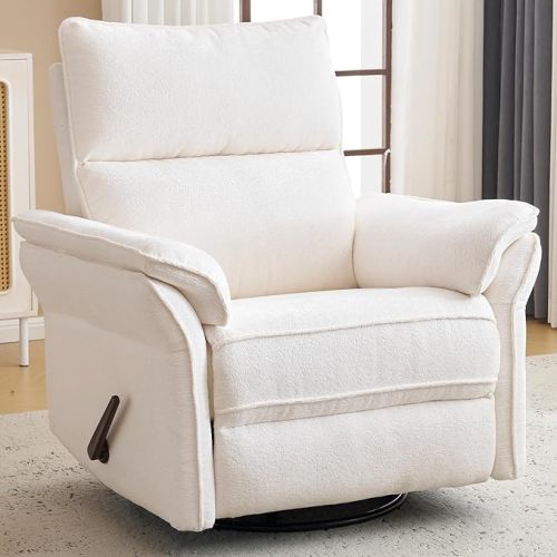 Oversized Swivel Rocker Recliner with Adjustable Headrest, Rocking Chair Nursery with Overstuffed Armrest, Manual Rocker Recliner Nursery Chair for Living Room, White