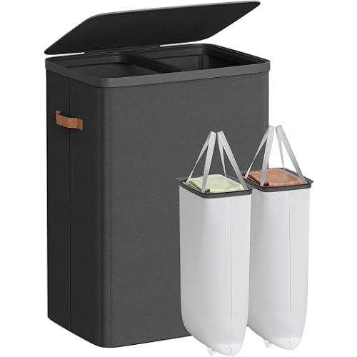 SONGMICS Laundry Basket, 44.9 Gal. Laundry Hamper, 2 Compartments, Easy Assembly, with Lid and Handles, Removable Liners, 22 x 15.7 x 29.5 Inches, Ink Black ULCB813B01