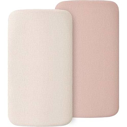 2 Pack Muslin Fitted Bassinet Sheets for Babies, Soft & Breathable 100% Cotton Bedside Sleeper Bassinet Sheet, Moses Basket Oval Rectangle Pad/Mattress (Pink)