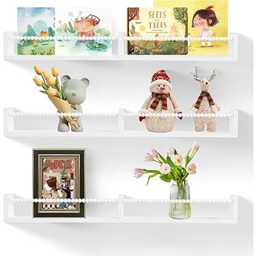PHOENANCEE Nursery Shelves for Wall,Kids Bookshelves Set of 3,Floating Bookshelf Baby Book Toy Display Storage Organizer Decor with Wooden Beads Bar,Preassembled,Natural Pine Wood,32 Inch(White)