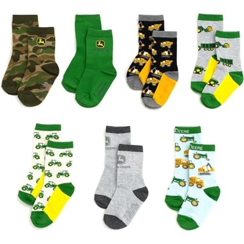 John Deere Boys' Non-Slip Grip 7-Pack Crew Socks for Baby & Kids