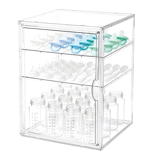 Baby Bottle Organizer, 3 Tiers Acrylic Bottle Storage Organizer Container, Clear Plastic Bottle Station Organizer with 2 Adjustable Dividers for Kitchen Countertop, Bathroom, Cabinet, Vanity
