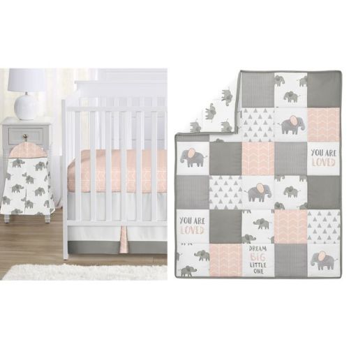 Sweet Jojo Designs Girl Baby Crib Bedding Set - Elephant Pink Grey and White 4pc