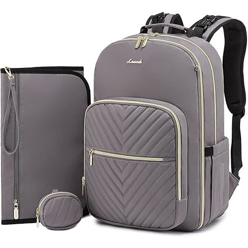 LOVEVOOK Diaper Bag Backpack, Quilted Baby Bag with Changing Pad & Pacifier Holder, Waterproof Travel Diaper Bags for Baby Boys Girls, Stylish and Large Capacity, Purple Grey