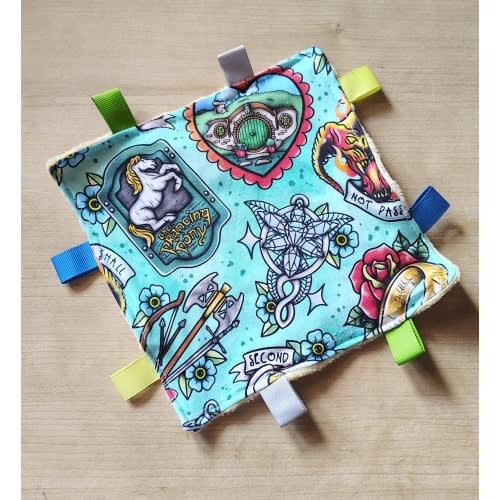 LOTR inspired Theme Baby Crinkle Toy. Size 6 x 6.. Handmade. Ribbon tags. Minky back.