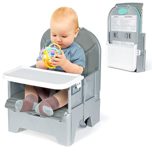 Orzbow Foldable Booster Seat with Soft Cushion, Travel High Chair for Toddlers 6-36 Months, Baby Chair for Dining Table, Camping, Beach, Portable Highchair, Up to 33 lbs Toddler, Grey
