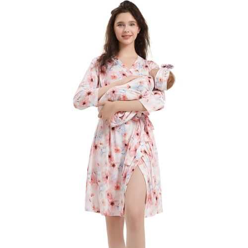 Galabloomer Maternity Robe and Baby Receiving Blanket, Matching Mommy Labor Delivery Robe and Swaddle Set (l, cream pink)