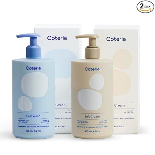 Coterie Baby Bath Skincare Essentials Set | 16.2 oz Shampoo + Body Wash, 16.2 oz Face + Body Lotion | Fragrance Free, Hypoallergenic, pH Balanced, Safe for Newborns & Sensitive Skin