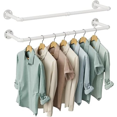 OROPY Industrial Pipe Clothes Rack Wall Mounted Set of 2, 38.4 inches Heavy Duty Iron Pipe Clothing Garment Rail, Multi-Purpose Clothing Hanging Rod for Laundry Room and Closet Storage, White