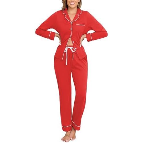 Veseacky 100% Cotton Women's Pajama Set Long Sleeve Button Down Sleepwear Soft Pjs Lounge Sets Nightwear Pjs XS-XXL