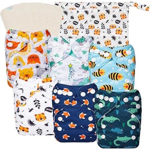 babygoal Newborn Cloth Diapers Pack of 13 for 5-12lbs Preemie Boy, Cloth Diaper Covers 6 Pack with 6pcs Inserts and Wet Bag, Reusable Washable & Waterproof