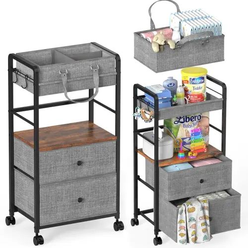 2IN1 Baby Diaper Caddy Organizer & 4-Tier Rolling Cart, Bedside Cart for Baby Essentials Nursery With Drawers, Metal Mobile Diaper Caddy Cart with Wheels, Storage Basket with Dividers for Baby Shower
