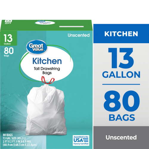 Great Value 13-Gallon Tall Kitchen Drawstring Trash Bags, 80 Count