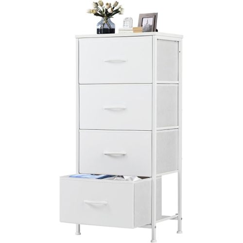 DUMOS Nightstand with 4 Drawers Bedside Table with Removable Fabric Bins Sturdy Steel Frame Wood Top Organizer Furniture for Bedroom Nursery Closet Living Room