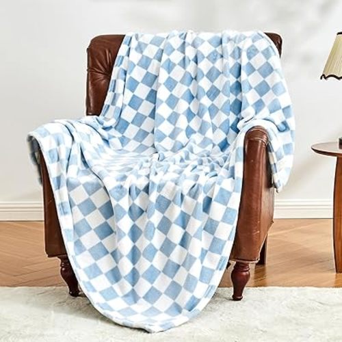 Edenleaf Blue Checkered Fleece Throw Blanket for Couch Warm Home Decor