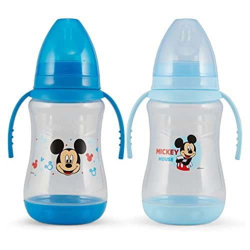 Disney 2 Pack 10 Ounce Baby Bottles with Character Prints and Colored Covers with Double Handle - BPA Free and Easy to Clean