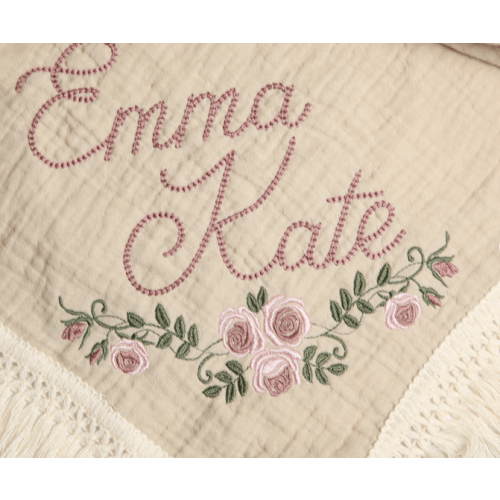 Personalized Embroidered Baby Muslin Swaddle Blanket with Name and Rose Floral Design, Organic Cotton baby swaddle, Custom Boho Baby Gift