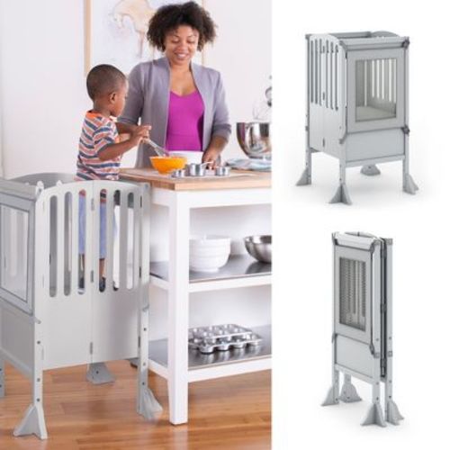 Guidecraft Contemporary Kitchen Helper Step Stool: Adjustable, Folding Montessori Toddler Tower - Safety Learning Furniture