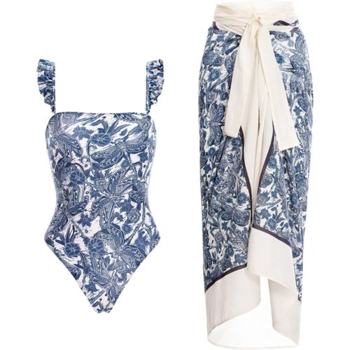 Women One Piece Swimsuit with Beach Cover Up Wrap Skirt Set Floral Print Bikini Tummy Control Two Piece Bathing Suit
