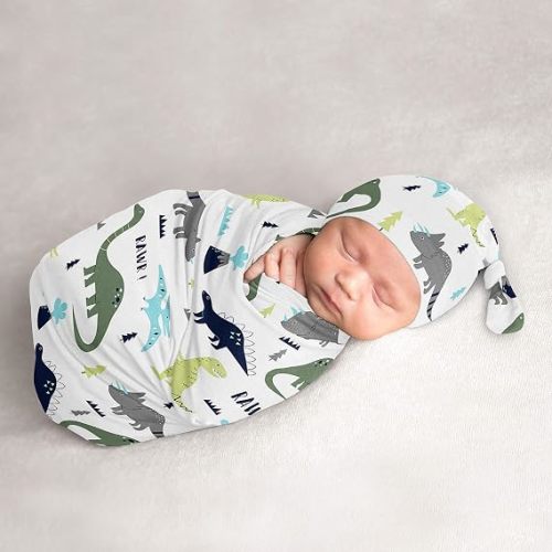 Sweet Jojo Designs Mod Dino Baby Boy Cocoon and Beanie Hat 2pc Set Jersey Stretch Knit Sleeping Bag for Infant Newborn Nursery Sleep Wrap Sack - Blue, Green and Grey Modern Dinosaur
