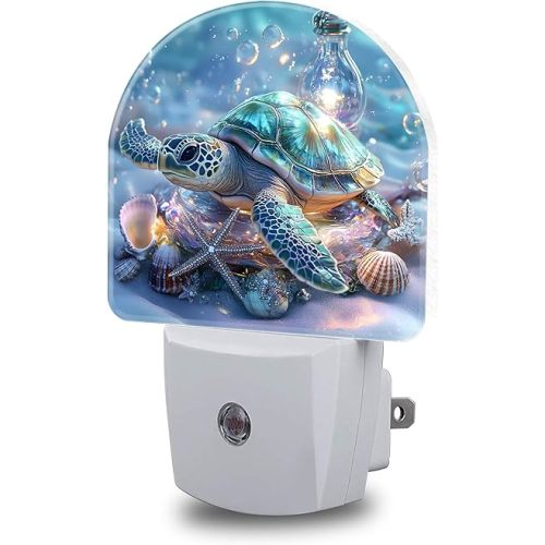 Ocean Animal Night Light, Sea Turtle and Seashell Night Lights Plug into Wall Dusk to Dawn Sensor Round Nightlight for Women Men Energy Efficient Led Lamp 0.5W for Stairway Hallway Bedroom