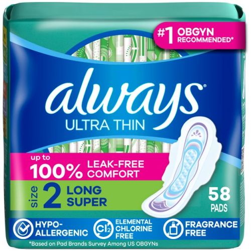 Always Long Absorbency Unscented Ultra Thin Pads with Wings - Size 2 - 58ct