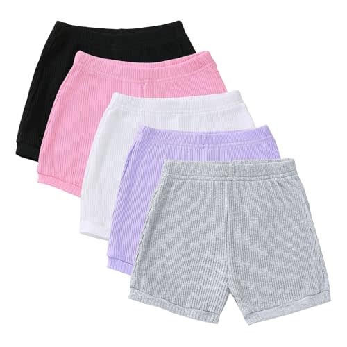 5 Pack Toddler Girls Shorts, Elastic Waist Cotton Summer Shorts | Ribbed Fabric, Casual Summer Short for Kids