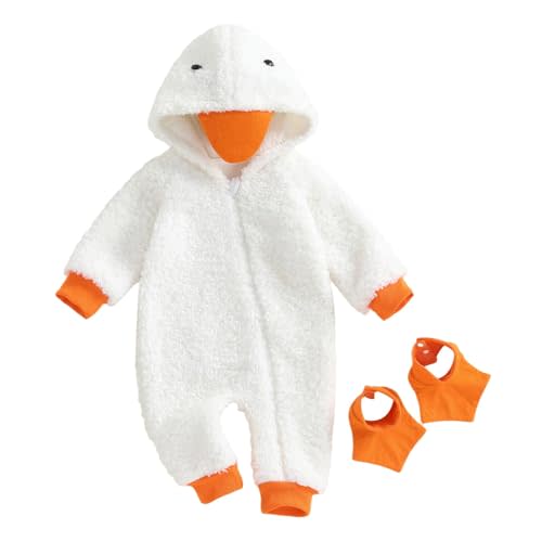 Toddler Baby Christmas Goose Costum Plush Jumpsuit Long Sleeve Hooded Zip Up Fleece Romper with Foot Covers 2Pcs