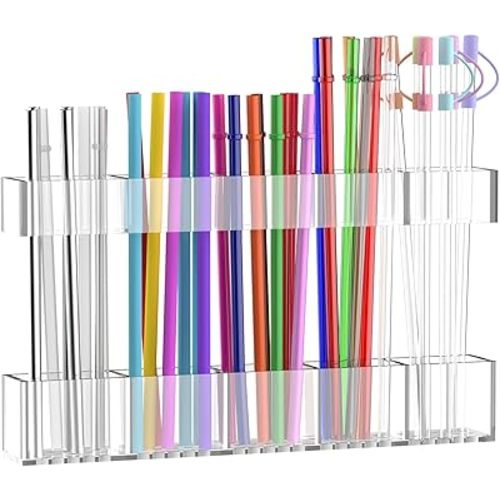 9.5” Large Acrylic Straw Holder for Cabinet Door, Reusable Adjustable Two-Part Straws Organizer with Ultra Sticky Adhesive Strips, 2026 Straw Storage for Kitchen Cupboard (Transparent)