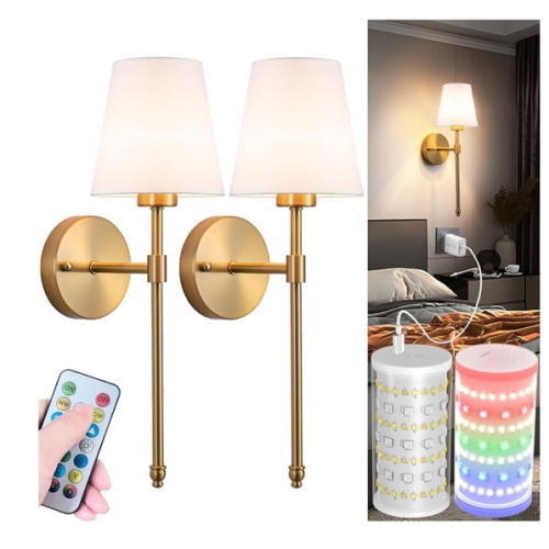 Battery Operated Wall Sconces Set Of 2, Wireless Battery Wall Light With 10000mAh RGB Rechargeable Magnetic Bulb, Rechargeable Wall Sconce With Remote Control For Bedroom, No Electrician Required
