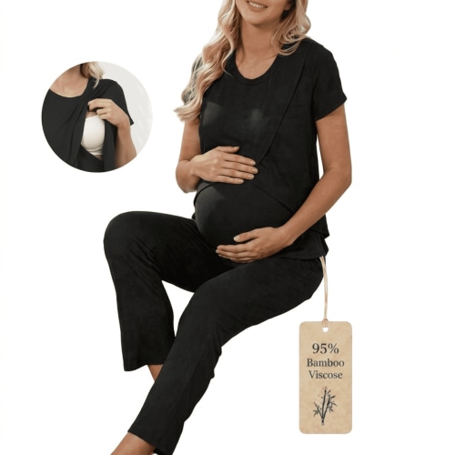 Zando Womens Bamboo Maternity Nursing Pajamas Set Layer Soft Postpartum Lounge Set for Woman Tulip Hem Breastfeeding Woman PJ 2 Piece set